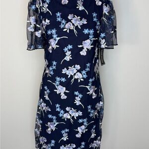 Jessica Howard Dress Womens 6 Navy Embroidered Floral Mesh Sheath Short Sleeve